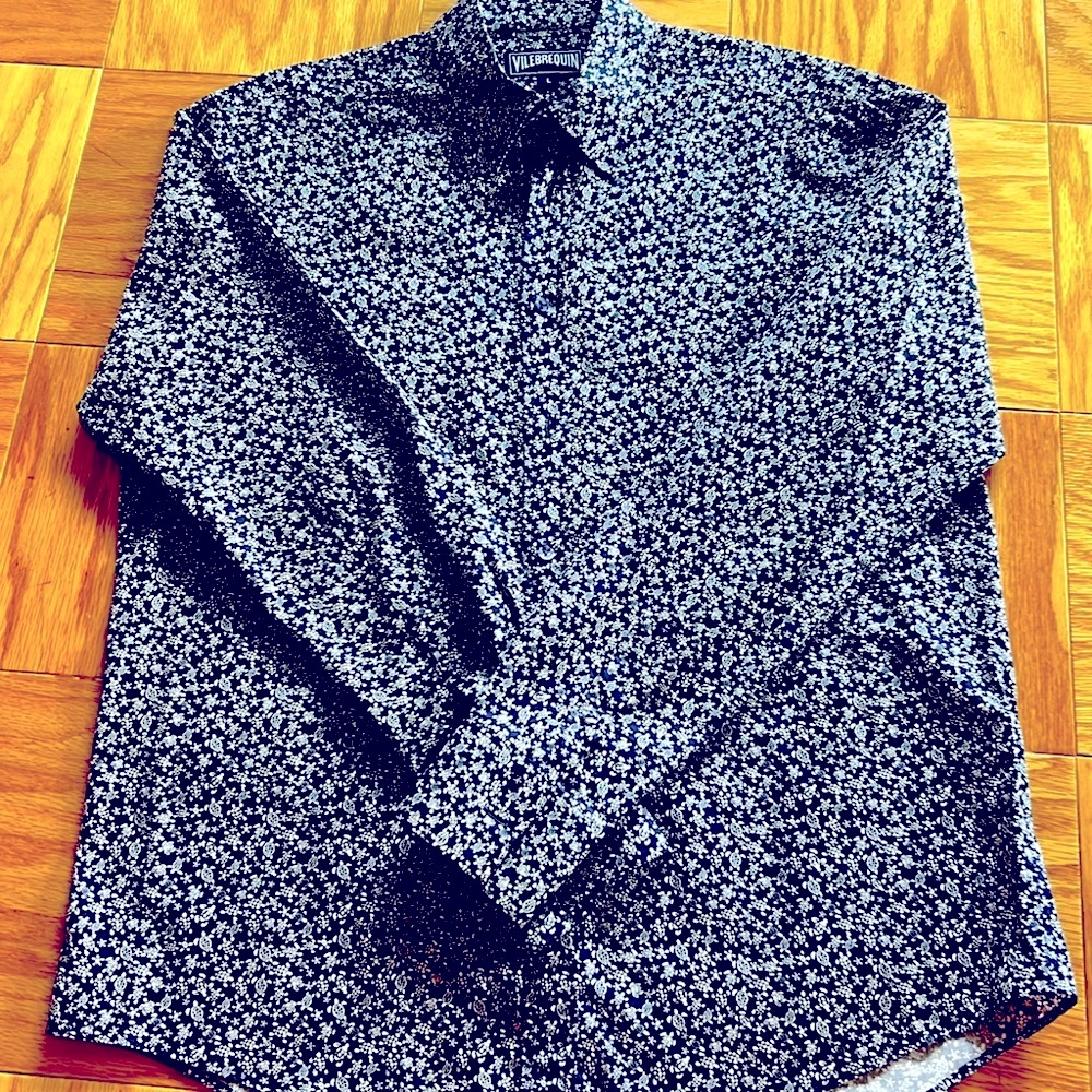 Vilebrequin Turtle Micro Print Navy Blue and White Button Down Shirt  sizeL
